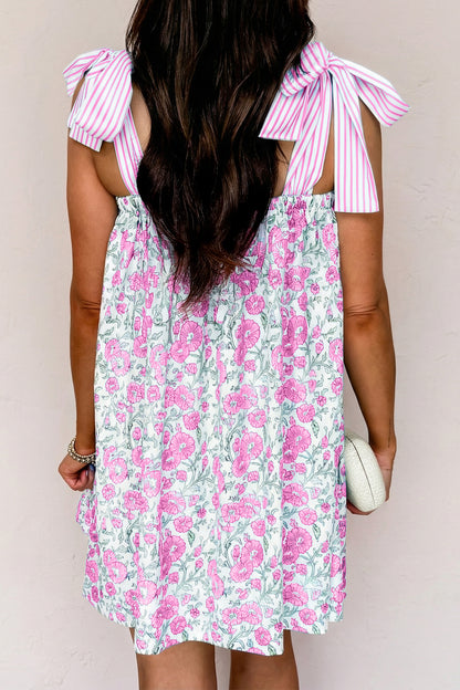 Mini-jurk met bloemenprint strepen patchwork en strikbandjes