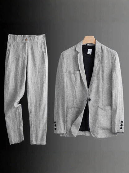 Men's Summer Korean-Style Linen Suit Set ? Slim-Fit, Lightweight Cotton-Linen Casual Blazer and Trousers, Sun-Protective Two-Piece Outfit