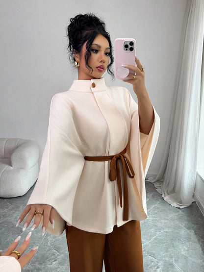 Women's Mock Neck Waist-Tie Short Woolen Coat Set