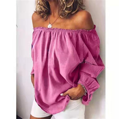 Womens Off The Shoulder Elastic Ruched Cotton Linen Long Sleeve Shirt