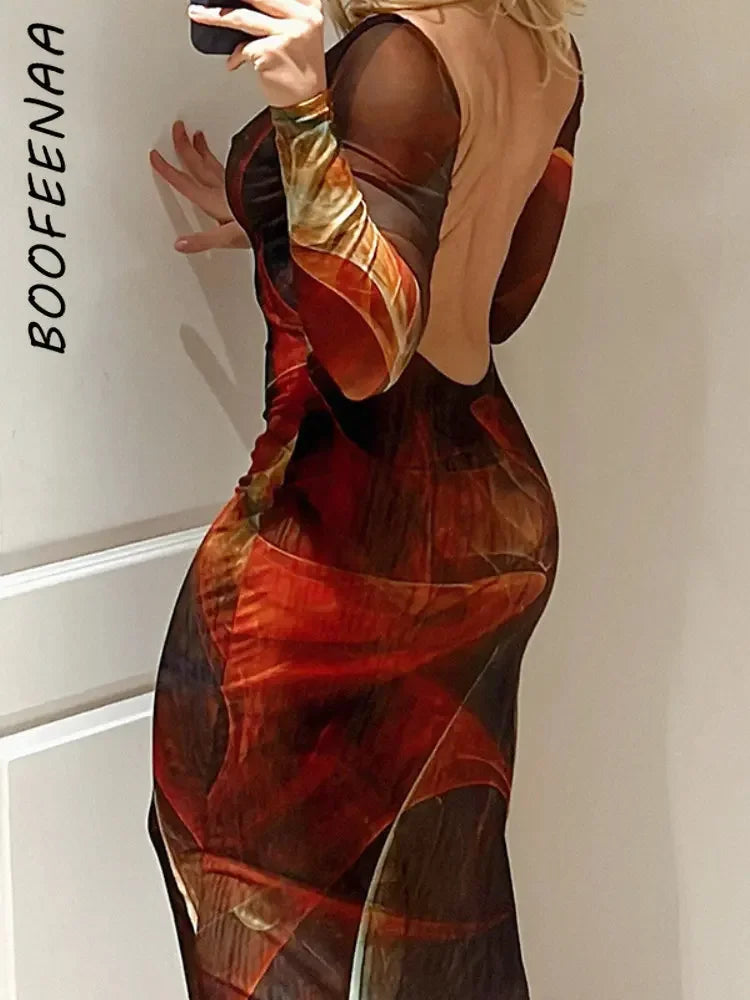Jurk met print mesh open rug en lange mouwen