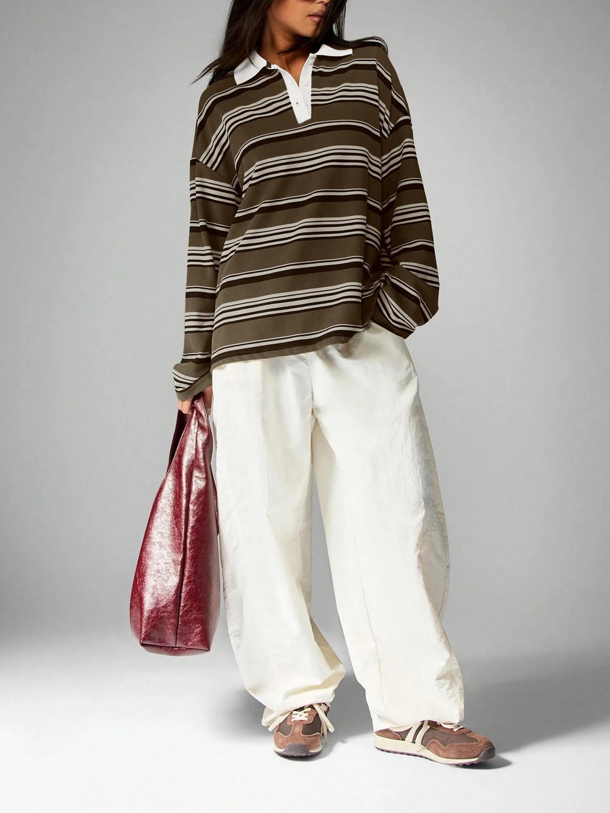 Retro Color-Block Striped Long-Sleeve Polo Sweatshirt,