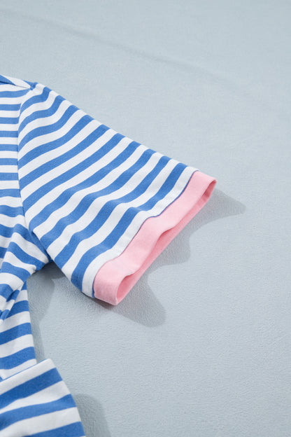 Gestreepte mini-jurk met strik contrasterende bies korte mouwen en ronde hals