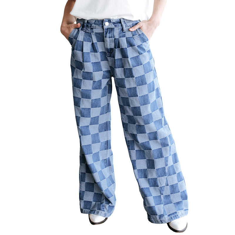 Checkerboard Print High Waist Wide Leg Denim Pants