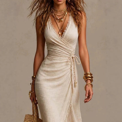 Textured V-Neck Wrap Dress with Tie