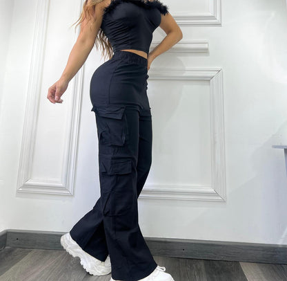 Women High-Waisted Wide-Leg Cargo Pants Multi-Pocket Casual Pants