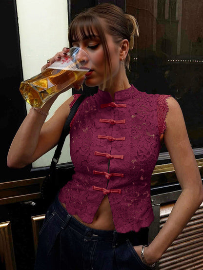 Women?s Solid Color Lace Hollow-Out Slim Fit Sleeveless Shirt