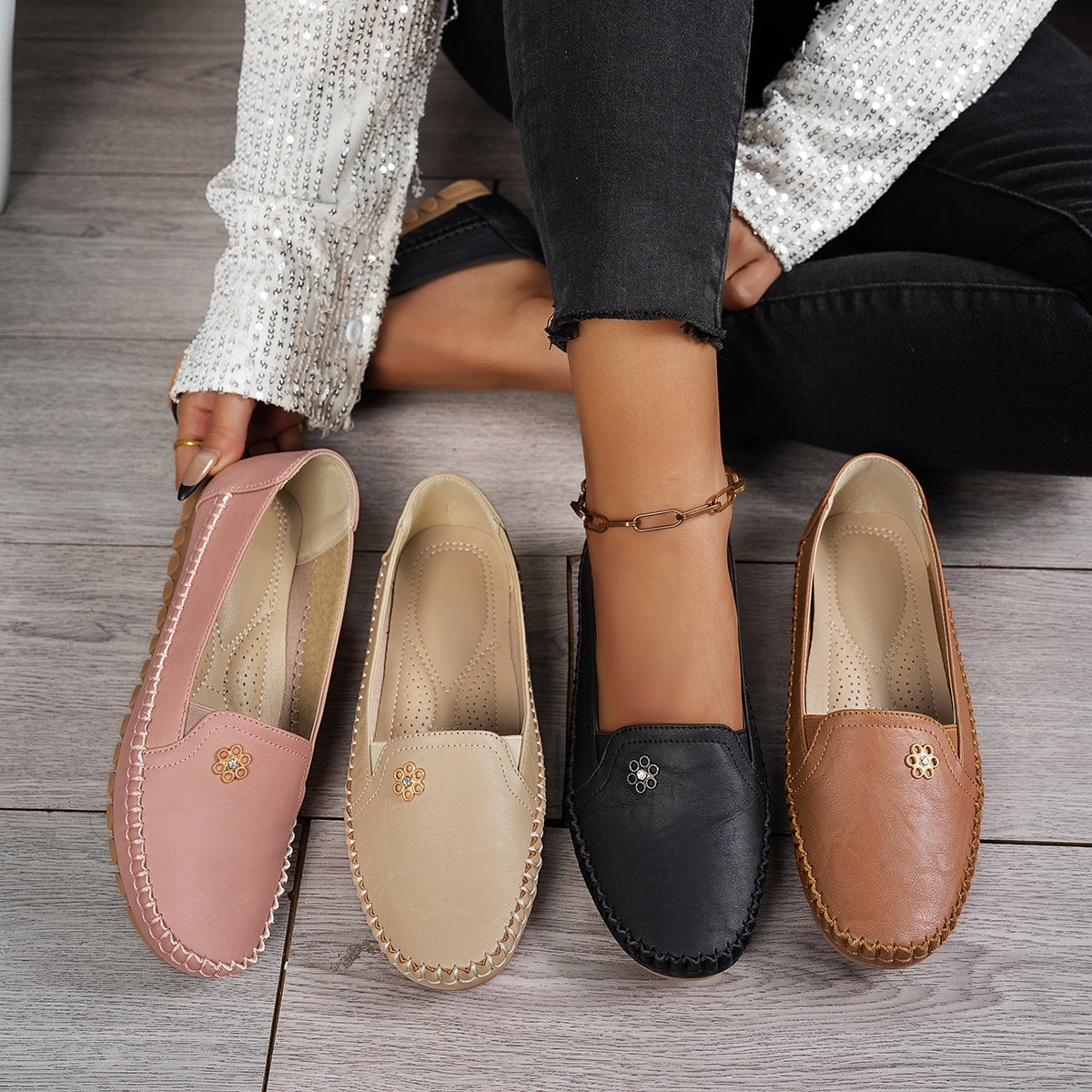 Effenkleurige retro platte loafers voor dames