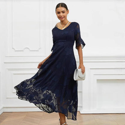 Womens Elegant V-Neck Jacquard A-Line Midi Dress