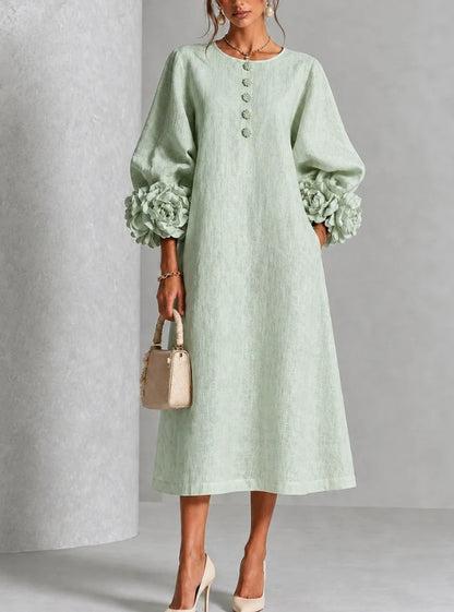 Elegant Floral Sleeve Cotton Linen Dress