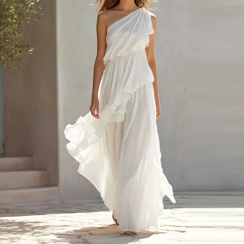 Elegant Slanted Neck Pleated Beach DressesAsymmetric Chiffon