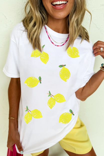 Witte zomerse casual T-shirt met pailletten en citroenprint