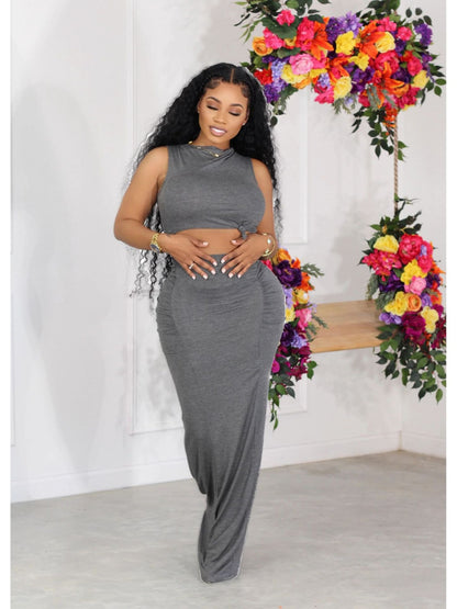 Sexy Bodycon Skirt + Sleeveless Long Top Two-Piece Set Women's Summer Simple Solid Color
