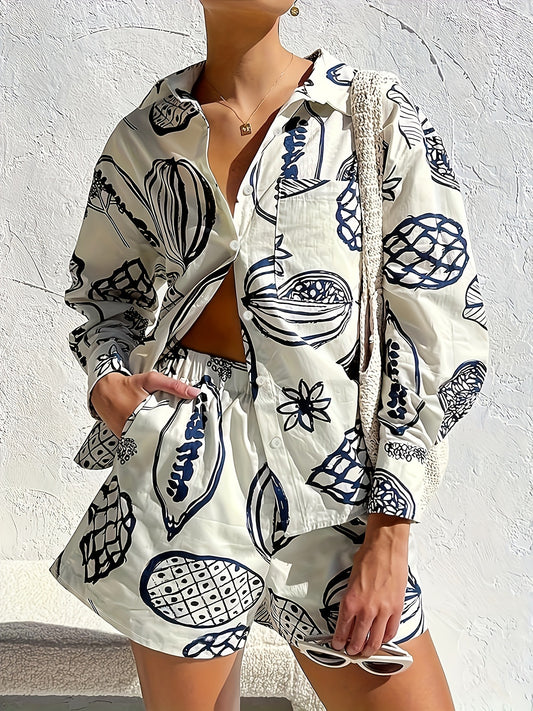 Losse overhemd en shorts met fruitprint tweedelige set