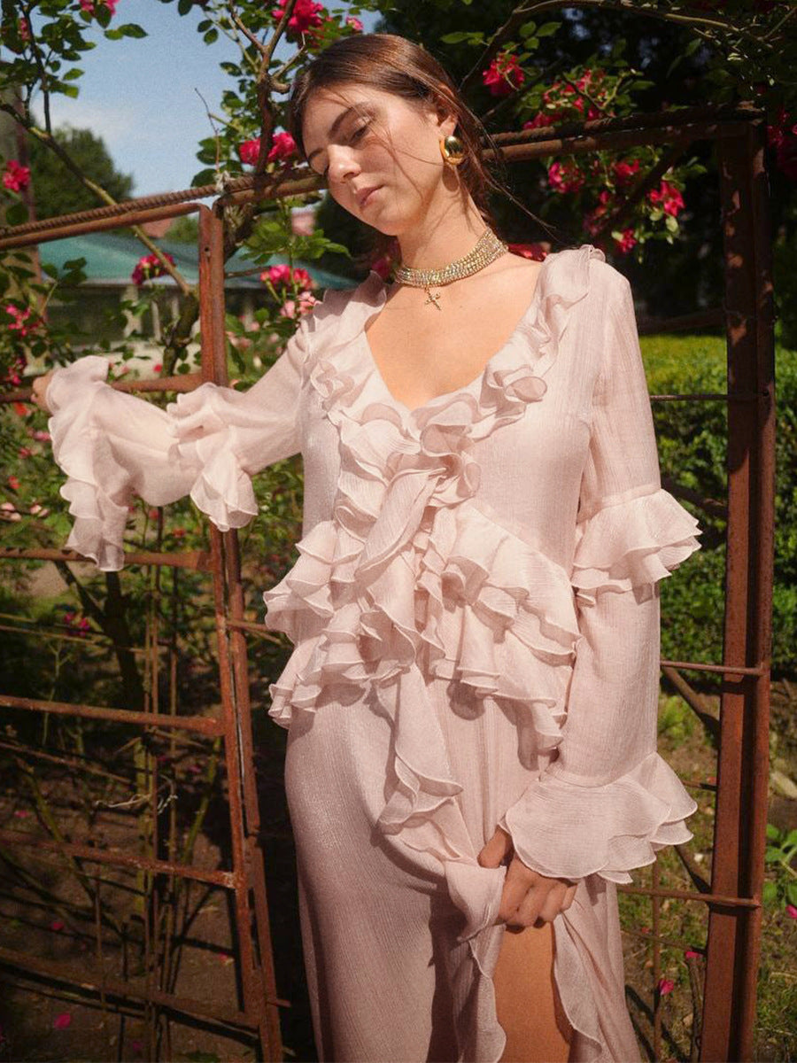 Elegant Ruffle Hem V-Neck Dress