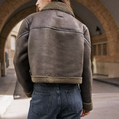 Lapel Patchwork Fleece Motorcycle Short Jacket Coat