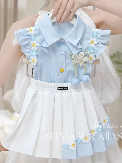 Girls Preppy Floral Pleated Outfit
