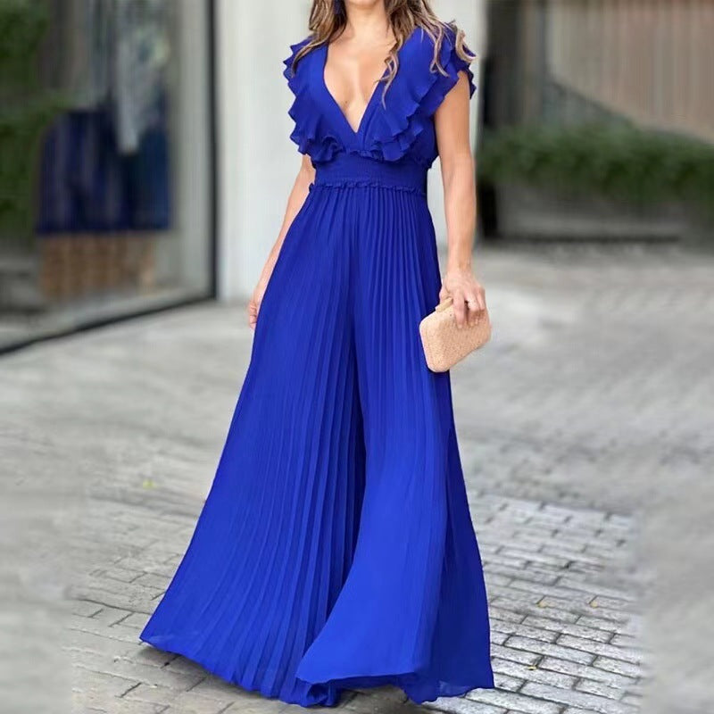 Sexy jumpsuit met V-hals ruches en compressie-effect