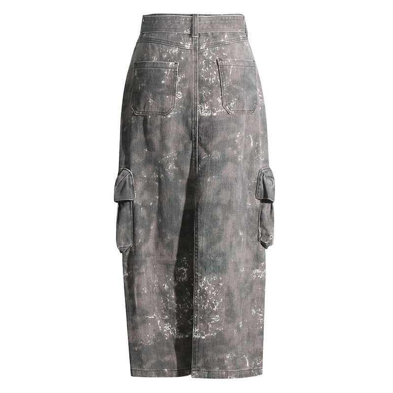 Veelzijdige cargo denim camouflageprint midi-rok met zakken split en ceintuur