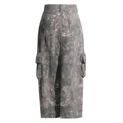 Veelzijdige cargo denim camouflageprint midi-rok met zakken split en ceintuur