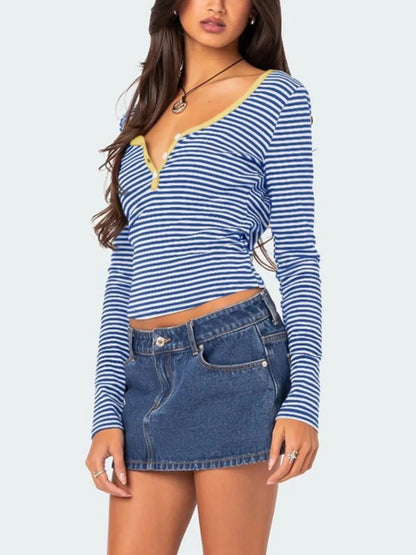 Color blocking striped knitted sweater women's summer top button slim fit shoulder t-shirt