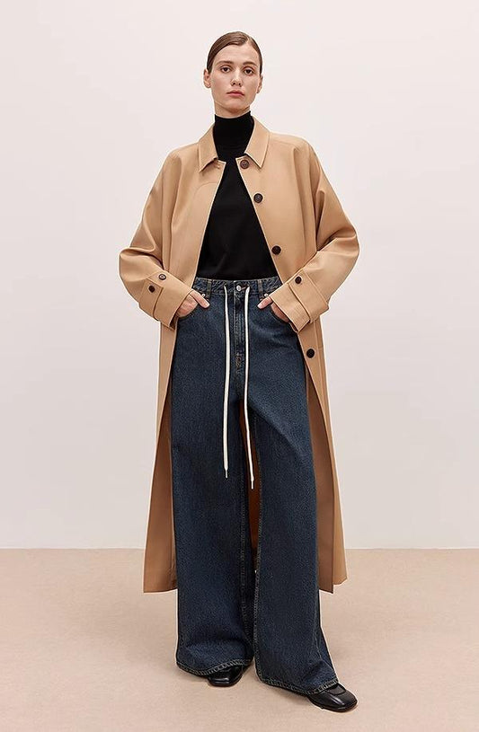 Modieuze casual jeans met hoge taille trekkoord verwassen look en wijde pijpen