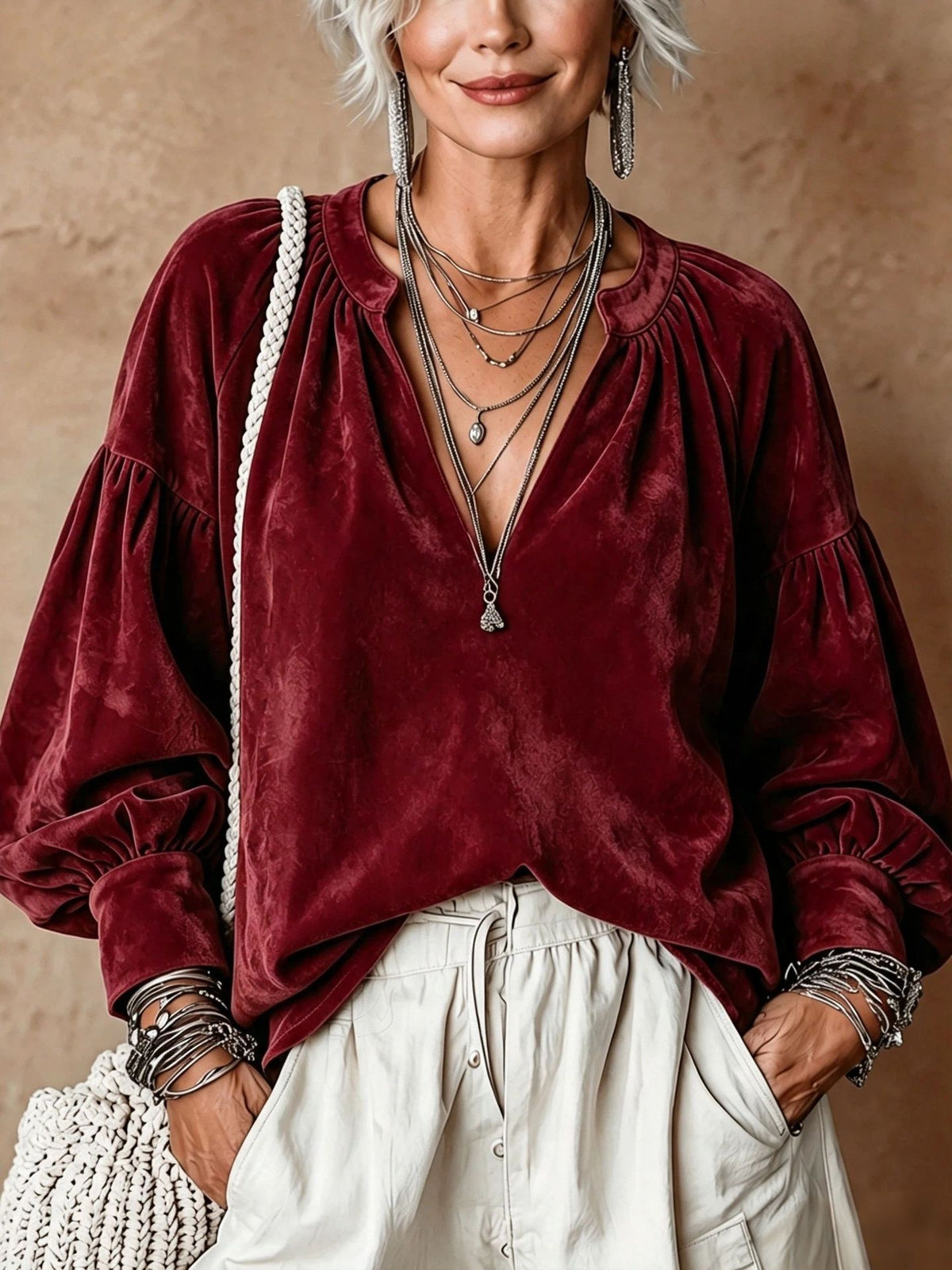 Women's Retro Ruched V-Neck Suede Loose Top