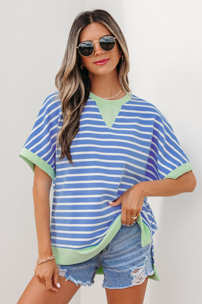 Gestreepte top met contrasterende bies losse korte mouwen en shorts
