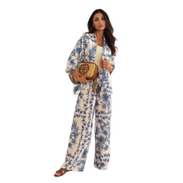 Women Printed Long Sleeve Top and Pants Suit Set