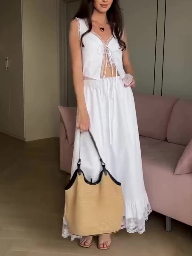 Wit kanten patchwork vest en elastische taille rok pak