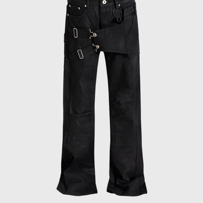 Unisex Multi-Pocket Deconstructed Layered Coated Slightly Flared Denim Jeans