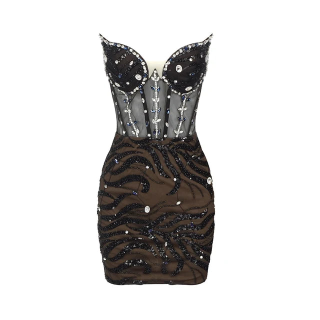 Luxe strapless mesh mini-jurk met kristaldesign van hoge kwaliteit