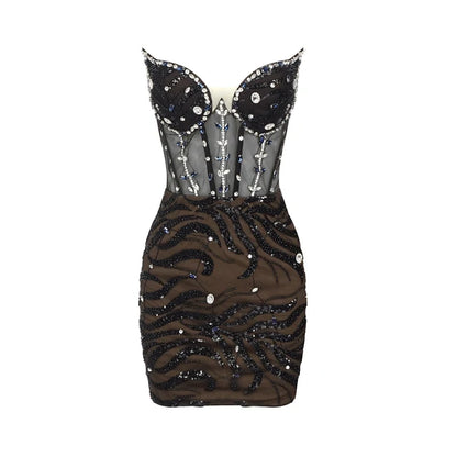 Luxe strapless mesh mini-jurk met kristaldesign van hoge kwaliteit