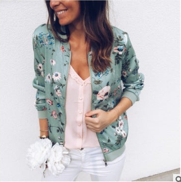New Round Neck Print Fashion Zipper Jacket Coat for Women