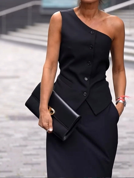 Vest met één schouder en hoog getailleerde broek te combineren als set