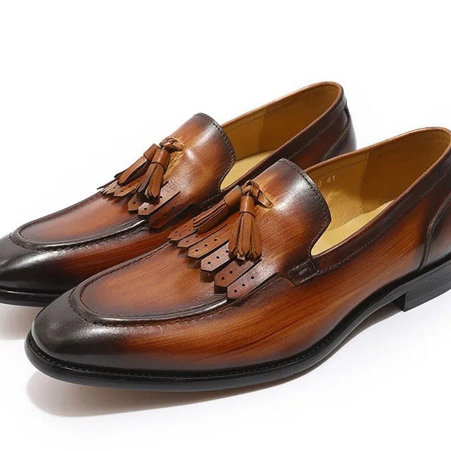 British Style Cowhide Tassel Mens Slip-On Loafers