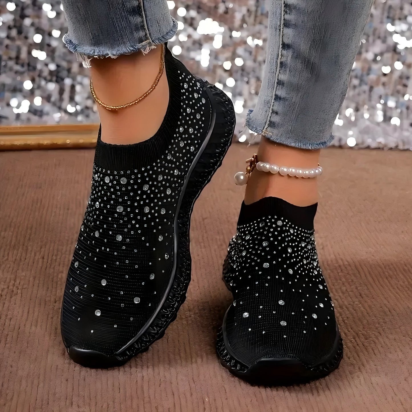 Mesh Rhinestone Flat Casual Shoes