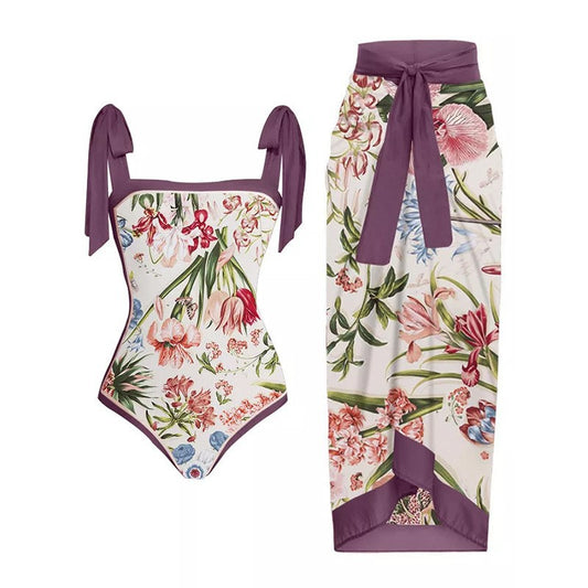 Women One Piece Swimsuit & Skirt Holiday Beach Dress Cover Up Female Retro Swimwear Vintage Surf Wear Summer Luxury Bikini