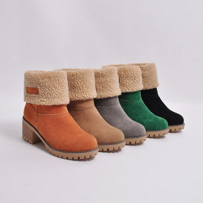 Women's round-toed cotton boots with thick heels