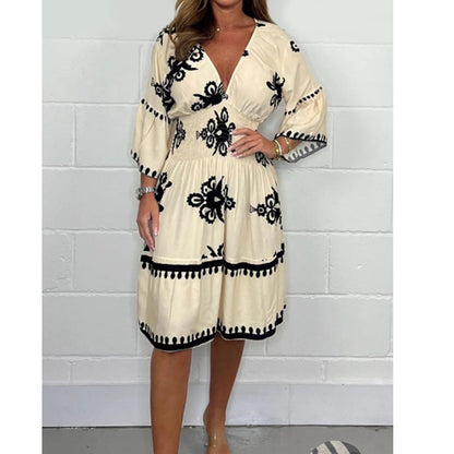 Elastic waist summer printed seven quarter sleeve dress