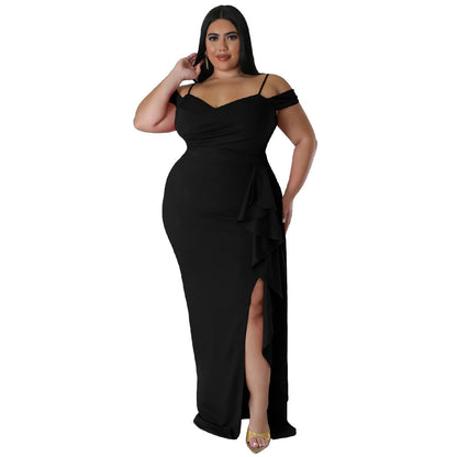 Ruffled Sling Dress with High Slit