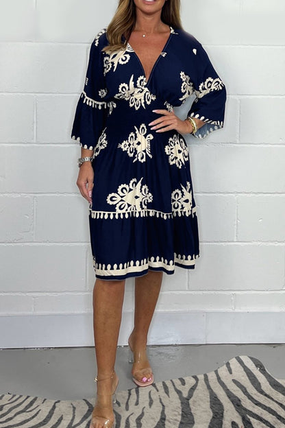 Elastic waist summer printed seven quarter sleeve dress