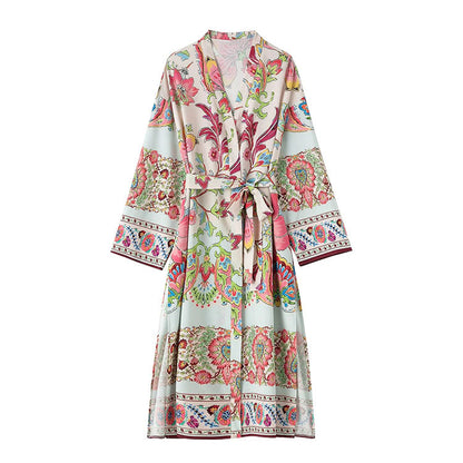 Woman Vintage Floral Print Kimono Dress Women V Neck Sashes Side Split Long Dress Fashion Holiday Boho Dress