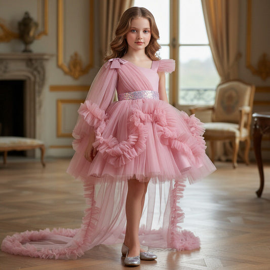 Girls Tulle Princess Dress with Irregular Train and Bow Detail Birthday Party Dress