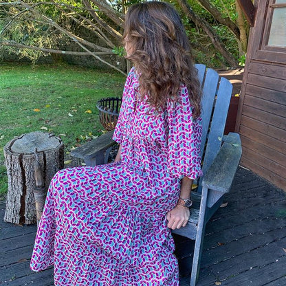 Geometric Print Puff Sleeve V-Neck Long Dress