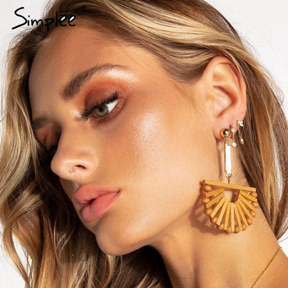 Simplee Boho wood semicircle drop earrings female Vintage handmade women earrings Fashion ethnic ladies accessories jewelry