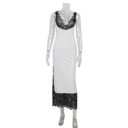 Sleeveless Strap V-Neck Lace Stitching Elegant Dress