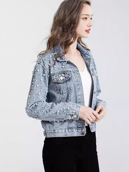 Women's Pearl Rhinestone Cropped Denim Jacket Long Sleeve Slim Fit