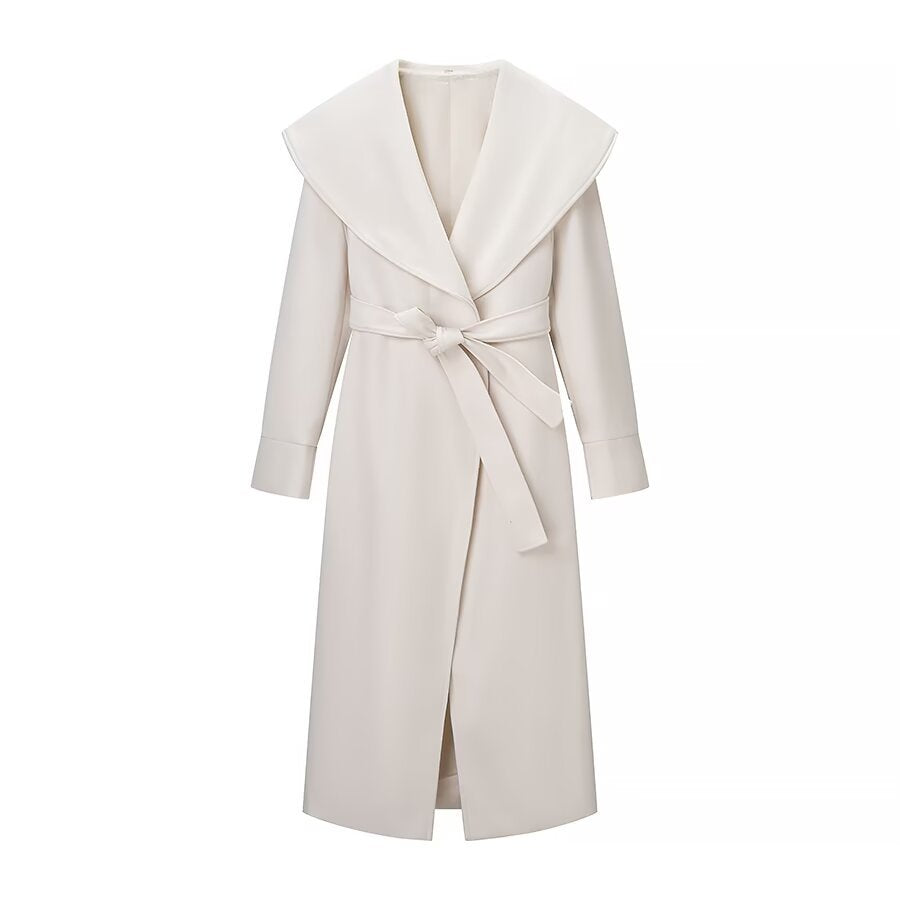 Elegante wollen jas met brede revers en tailleband