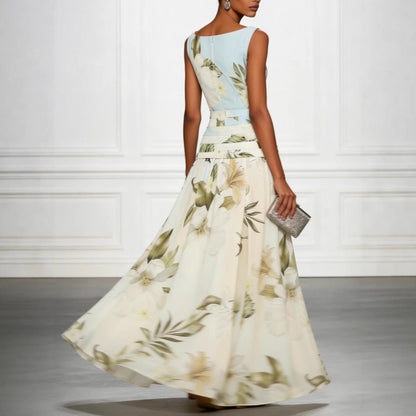 Mouwloze damesjurk met V-hals bloemenprint open rug en getailleerde lange rok